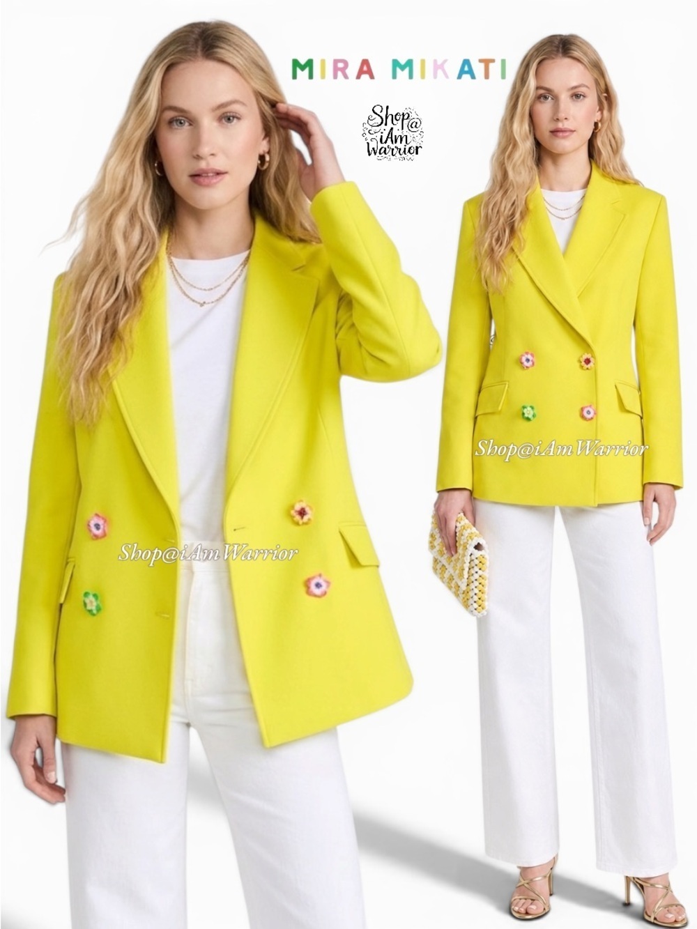 Mira Mikati neon yellow double breasted scuba blazer w/ ceramic floral buttons
